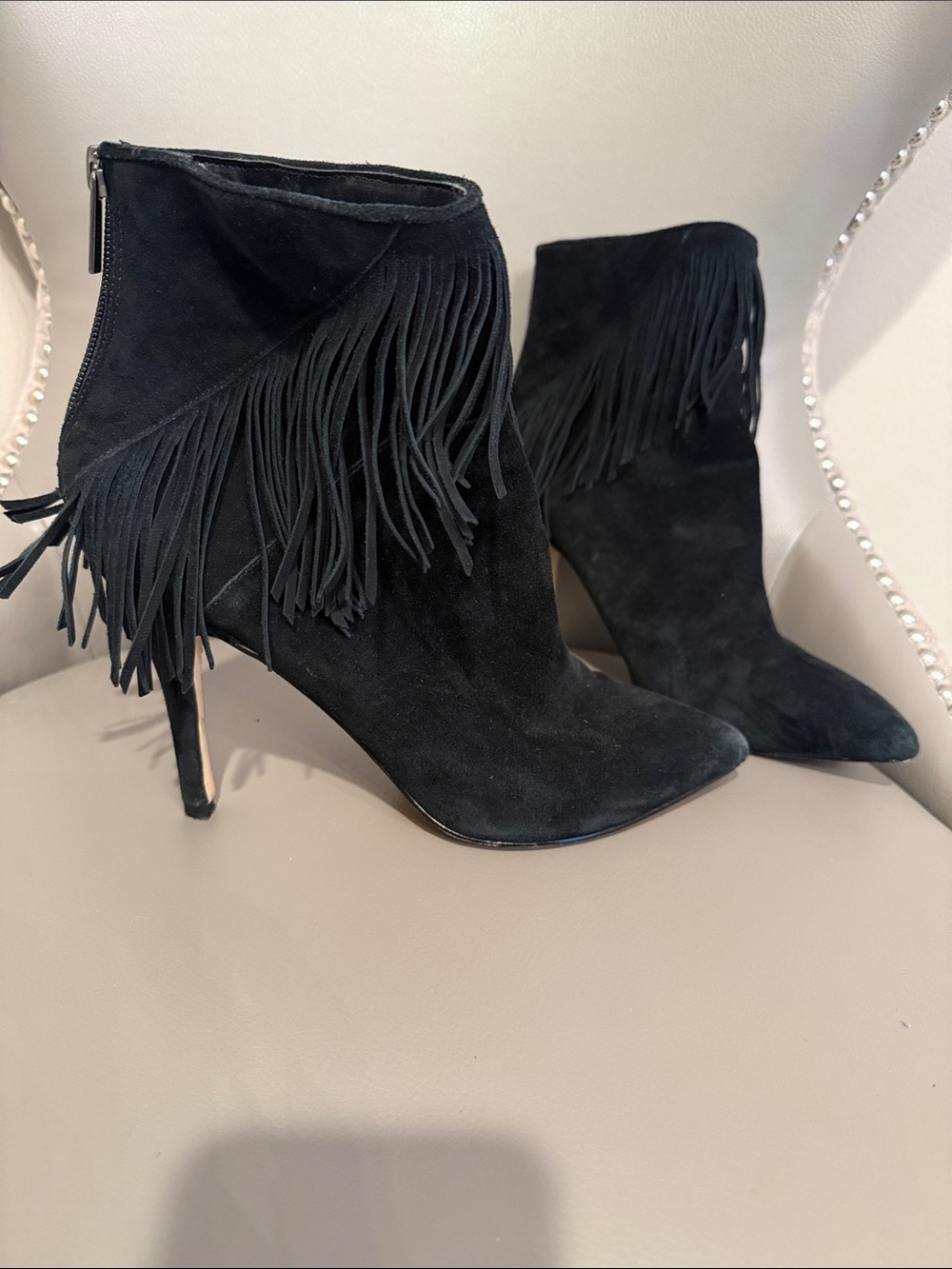 Fringe Suede high heel Ankle Boots - Black saks 5th avenue size 8.5
